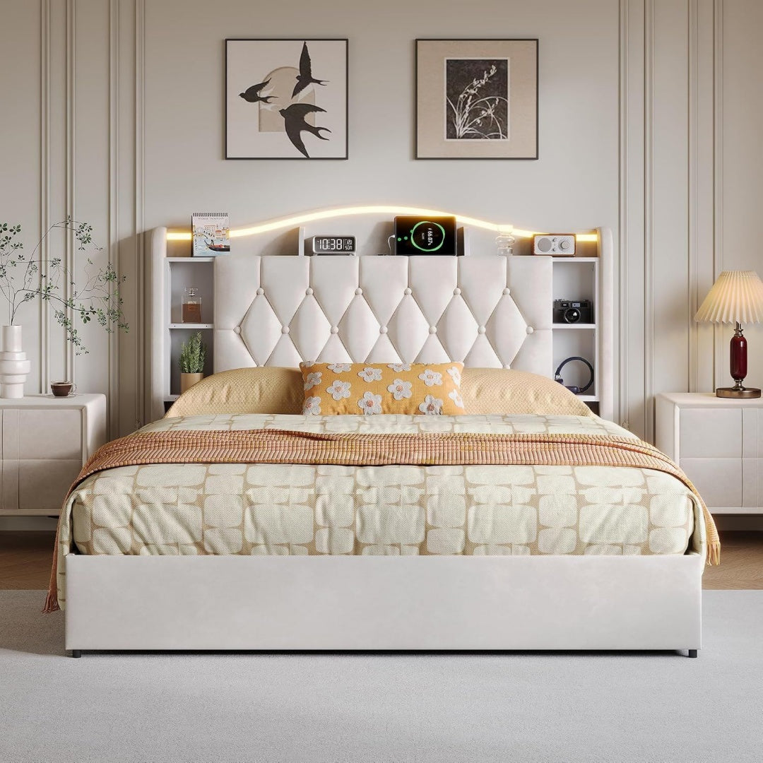 letti beige velluto per letto con porta usb